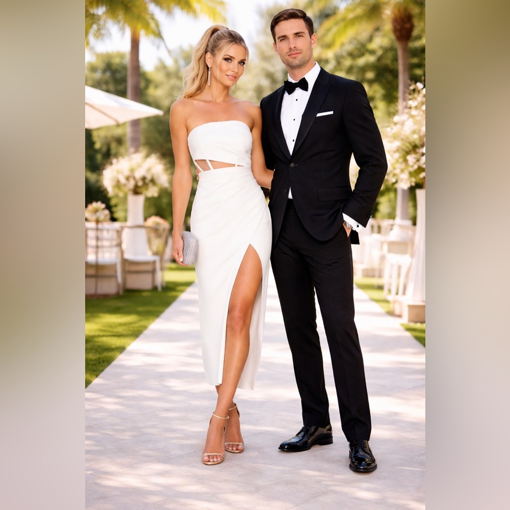 NBD White Strapless Cutout Midi Wedding Dress
